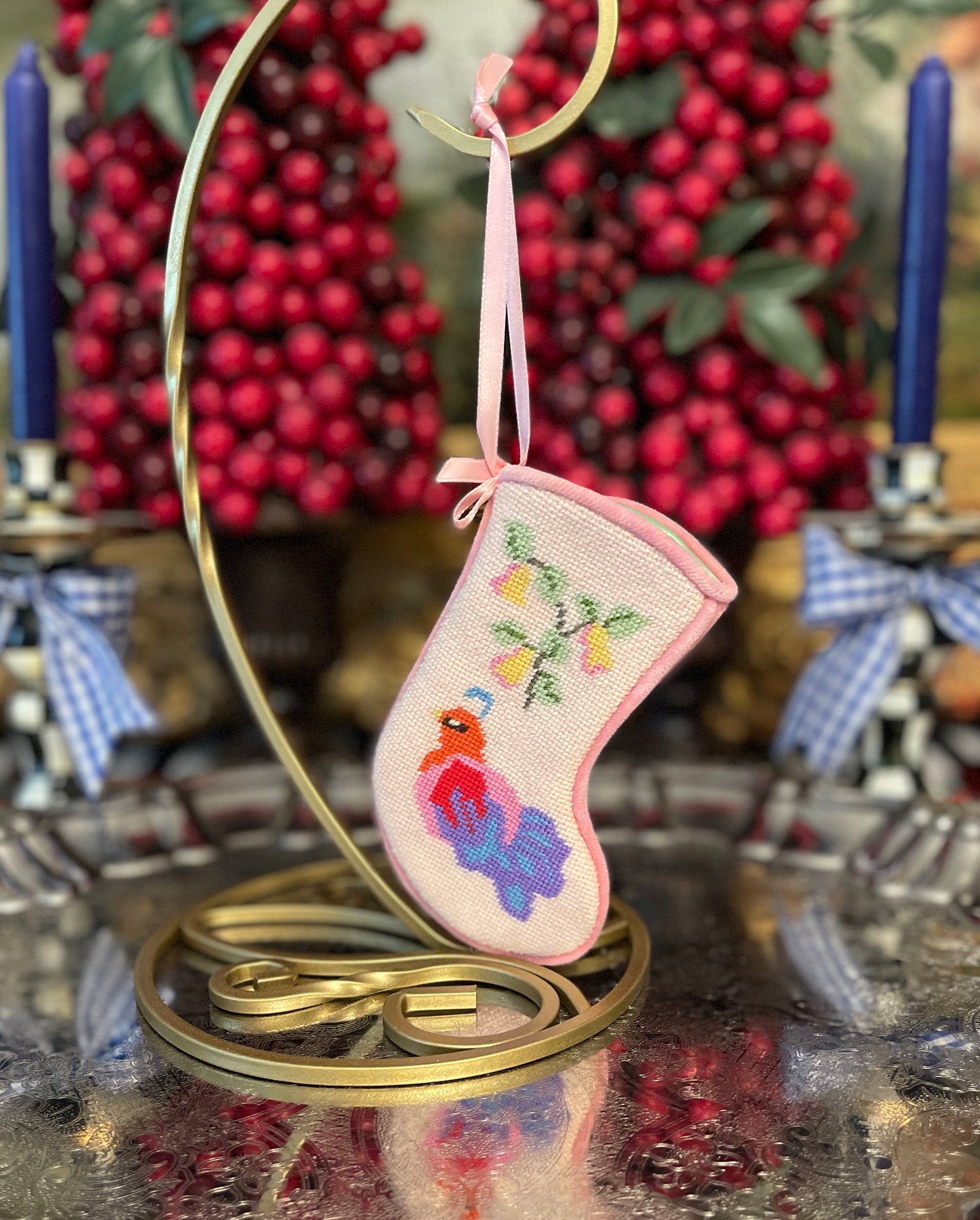 Vintage Needlepoint Pink Partridge and a Pear Tree Stocking Ornament