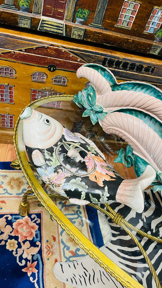 Vintage Chinoiserie Famille Noire Fish-Form Lidded Vessel