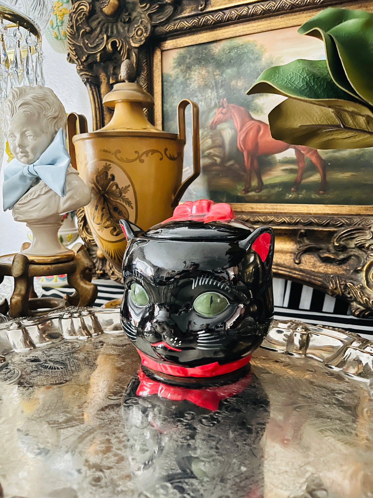 Vintage Shafford Black Cat Cookie Jar, Lidded Dish, c. 1950s