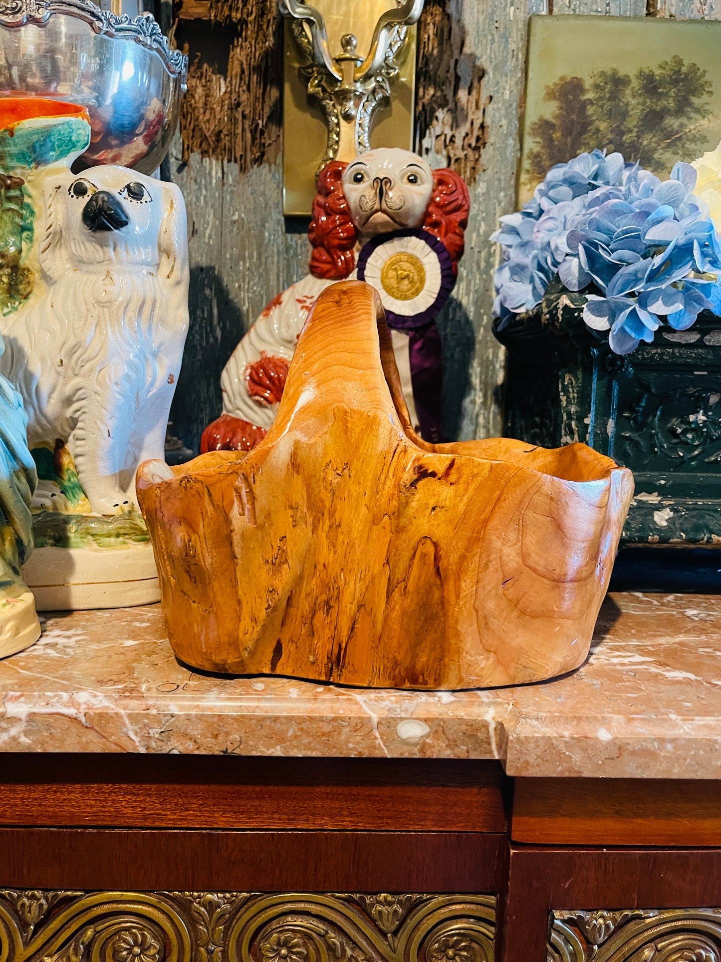 Vintage Burl Wood Basket Bowl with Handle, Round Top Find