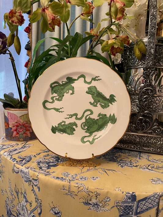 Rare Wedgwood Chinese Lions Plate, Green Foo Dogs, Gold Rim, Bone China