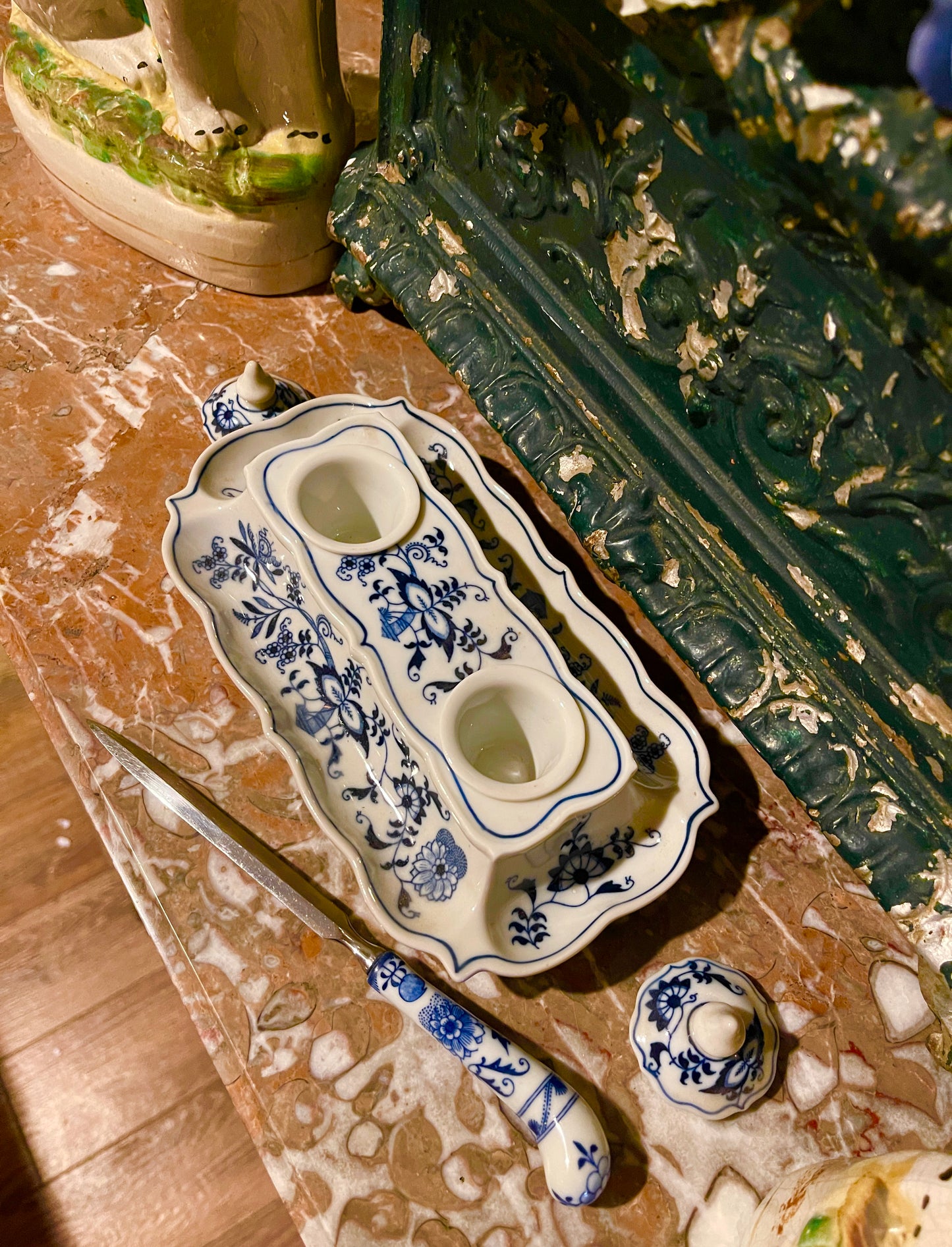 Vintage Royal Danube Blue & White Porcelain Double Inkwell Desk Set with Sheffield Letter Opener, Round Top Find