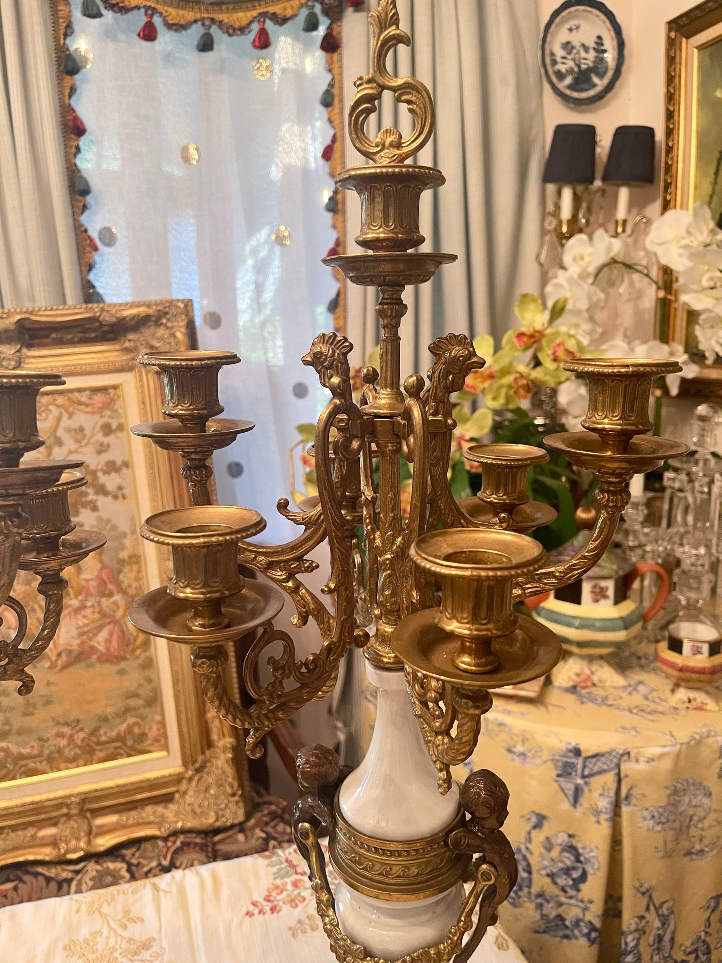 Italian Gilt and Cherub and Acanthus Alabaster Marble and Bronze Candelabras, Pair,