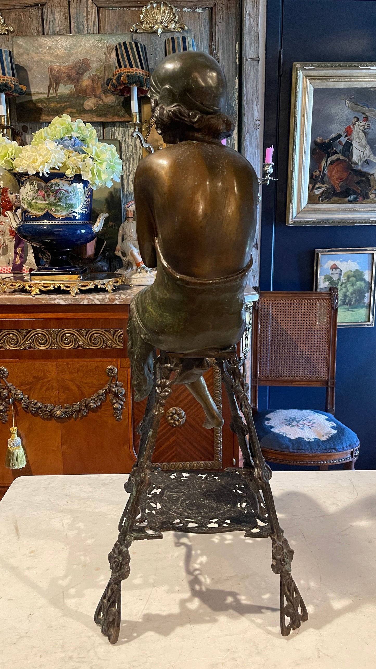 Monumental Bronze Parisienne Seated Art Deco Figural Sculpture with Champagne Coupe, Estate Sourced