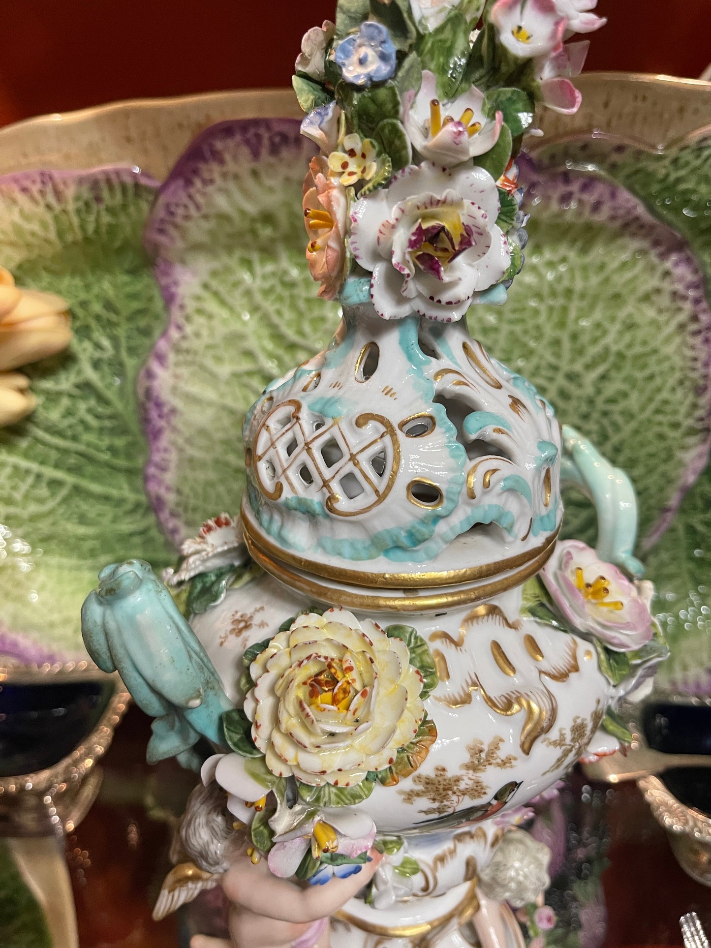 Antique Meissen Potpourri Urn with Cherubs | Bird Scene Porcelain | Floral Encrusted | 11.5”