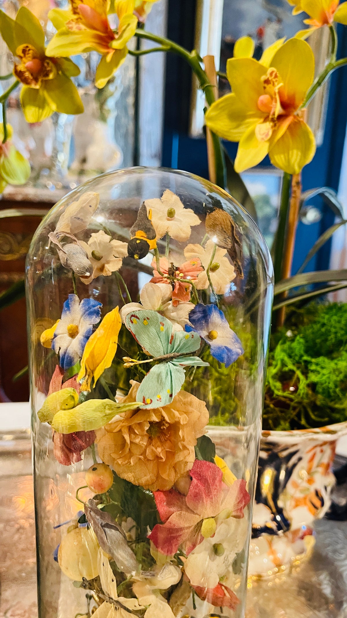 Antique Victorian Silk Flowers in Porcelain Urn Under Glass Cloche