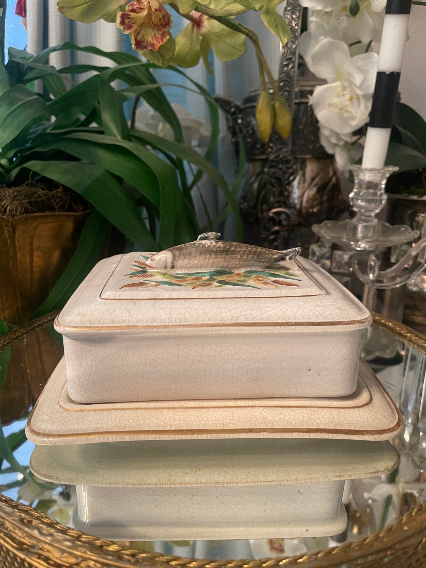 French Porcelain Sardine Box, Antique French Porcelain Sardine Box with Wheat and Fish Motif, Numbered