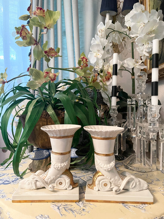 Pair of Italian Parcel  Porcelain Rhyton Vases with Ram’s Head and Classical Motif, Gold Accents