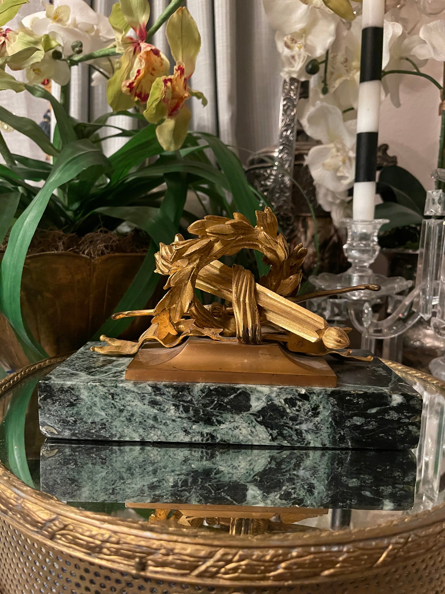 Antique French Gilt Bronze Desk Ornament on Green Marble | Louis XVI Laurel Wreath with Torch