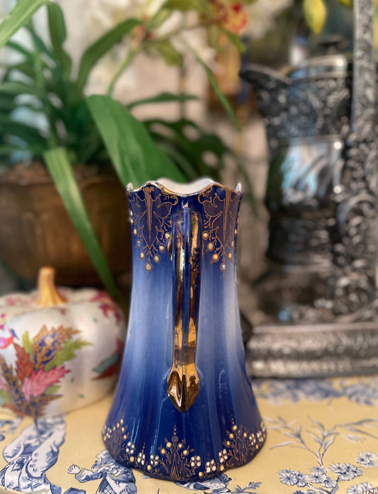 K & G Luneville France Blue, White and Gilt Relief Pitcher