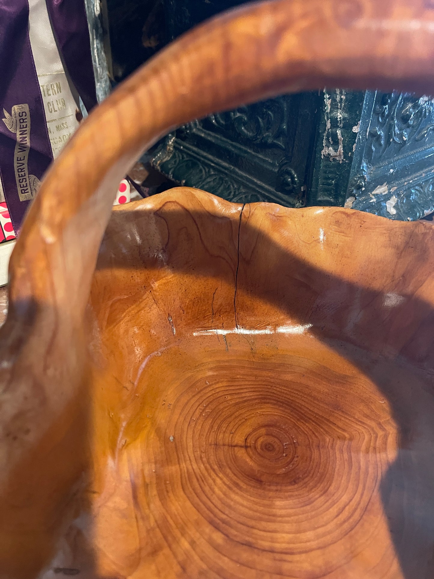 Vintage Burl Wood Basket Bowl with Handle, Round Top Find