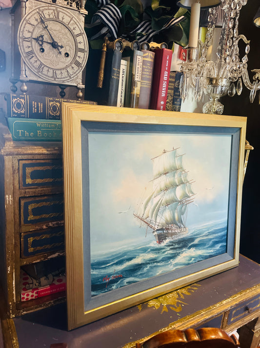 Vintage Nautical Clipper Ship Painting | Estate Art |Framed Oil on Canvas of Tall Sailing Ship at Sea