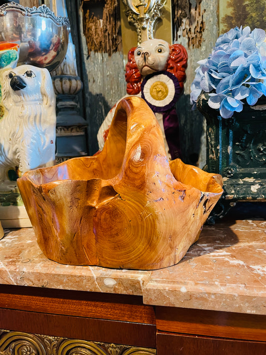 Vintage Burl Wood Basket Bowl with Handle, Round Top Find