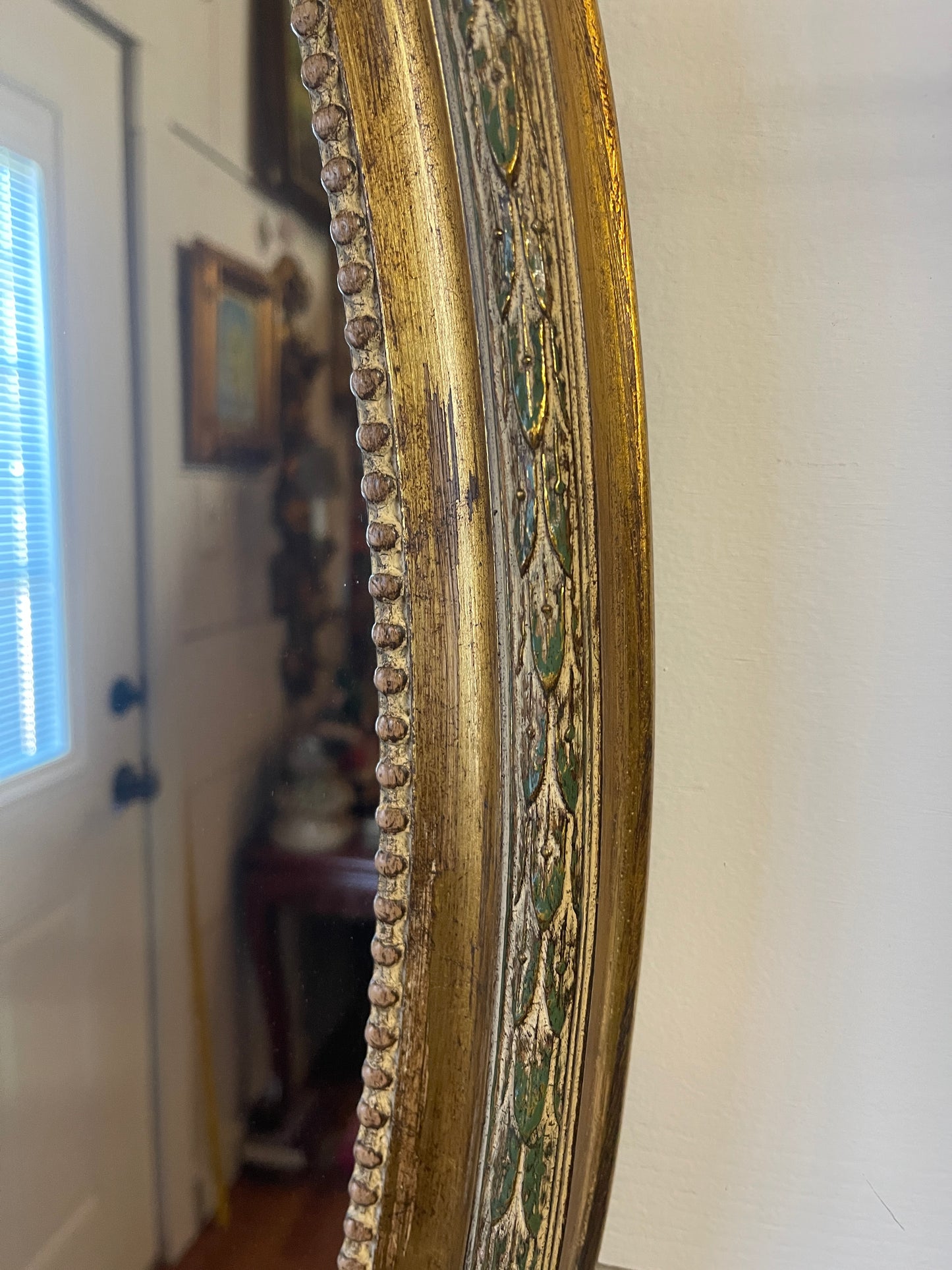 Vintage Empire Napoleon III Mirror with Carved Quiver and Torch, Laurel Wreath and Tassels, Jewel Toned Detail,