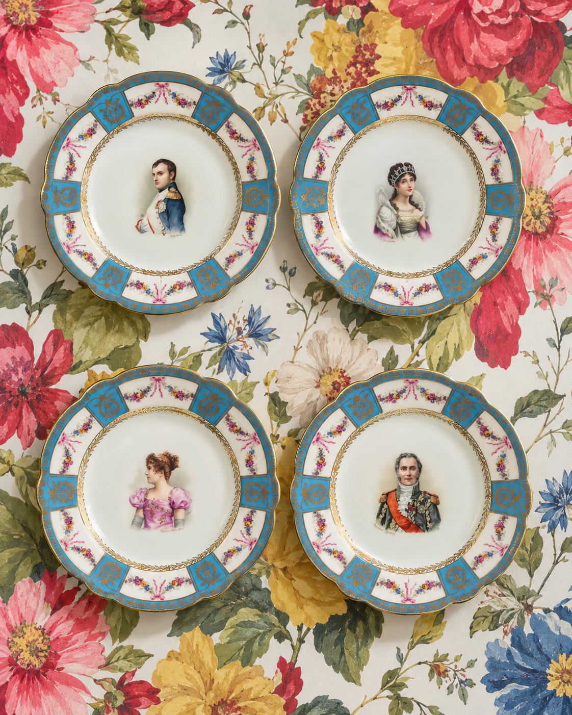VINTAGE NAPOLEONIC PORTRAIT CABINET PLATES — SET OF FOUR | CROWNED “N” MARK