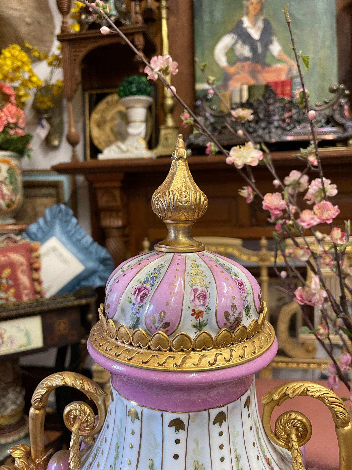 Monumental Pastel Porcelain Urns with Gilt Mounts|Pair | Grand Decorative Statement Vessels