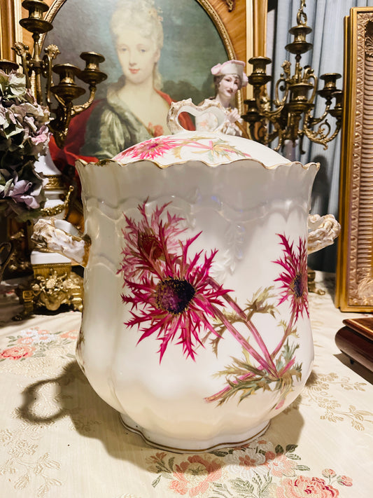 Limoges Lidded Vessel with Deep Pink Thistles, Vintage (Possibly Antique)