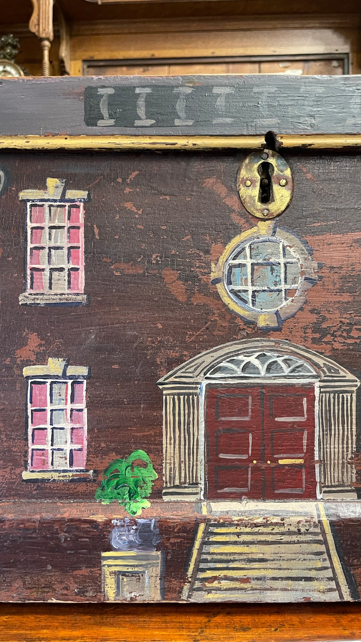 ENGLISH PAINT-DECORATED HOUSE FACADE PINE BLANKET BOX / STORAGE CHEST