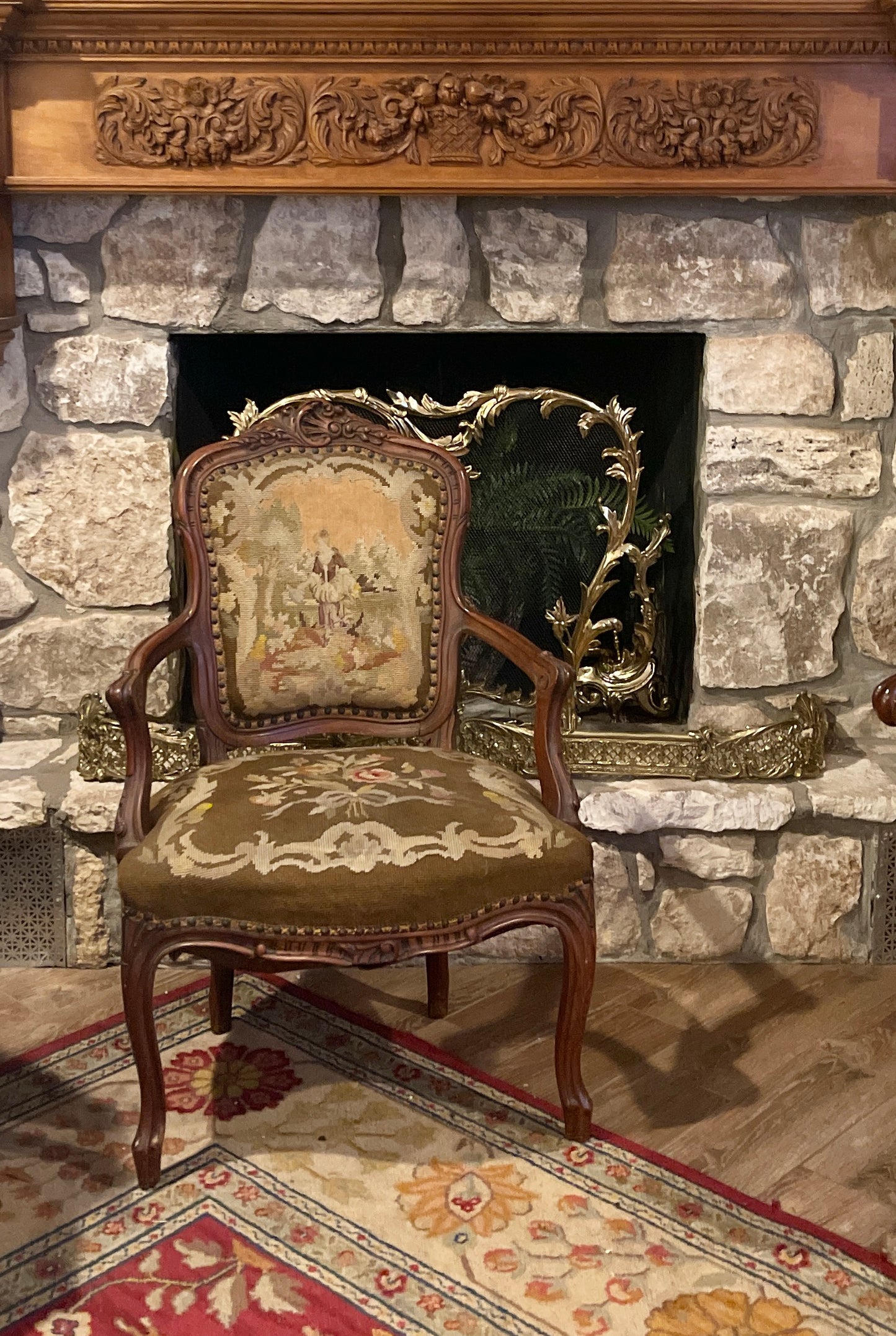 Hunt Furniture Co. Carved French Needlepoint Chair, Louis XV Rococo Style, c.1928