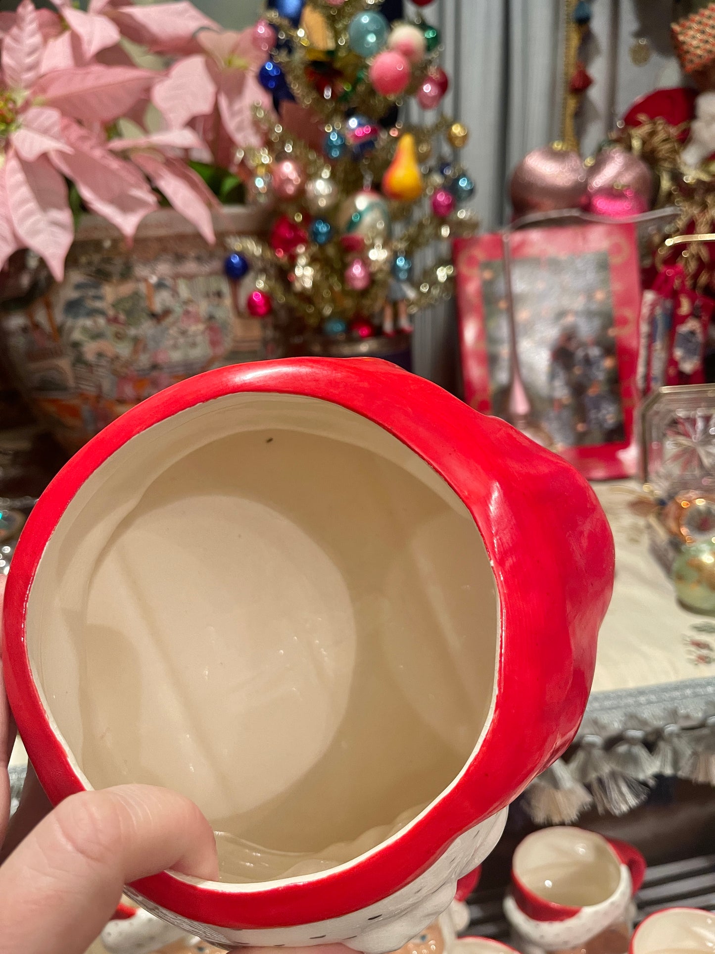 Vintage Santa Punch Bowl, Ladle, and 4 Santa Mug Set