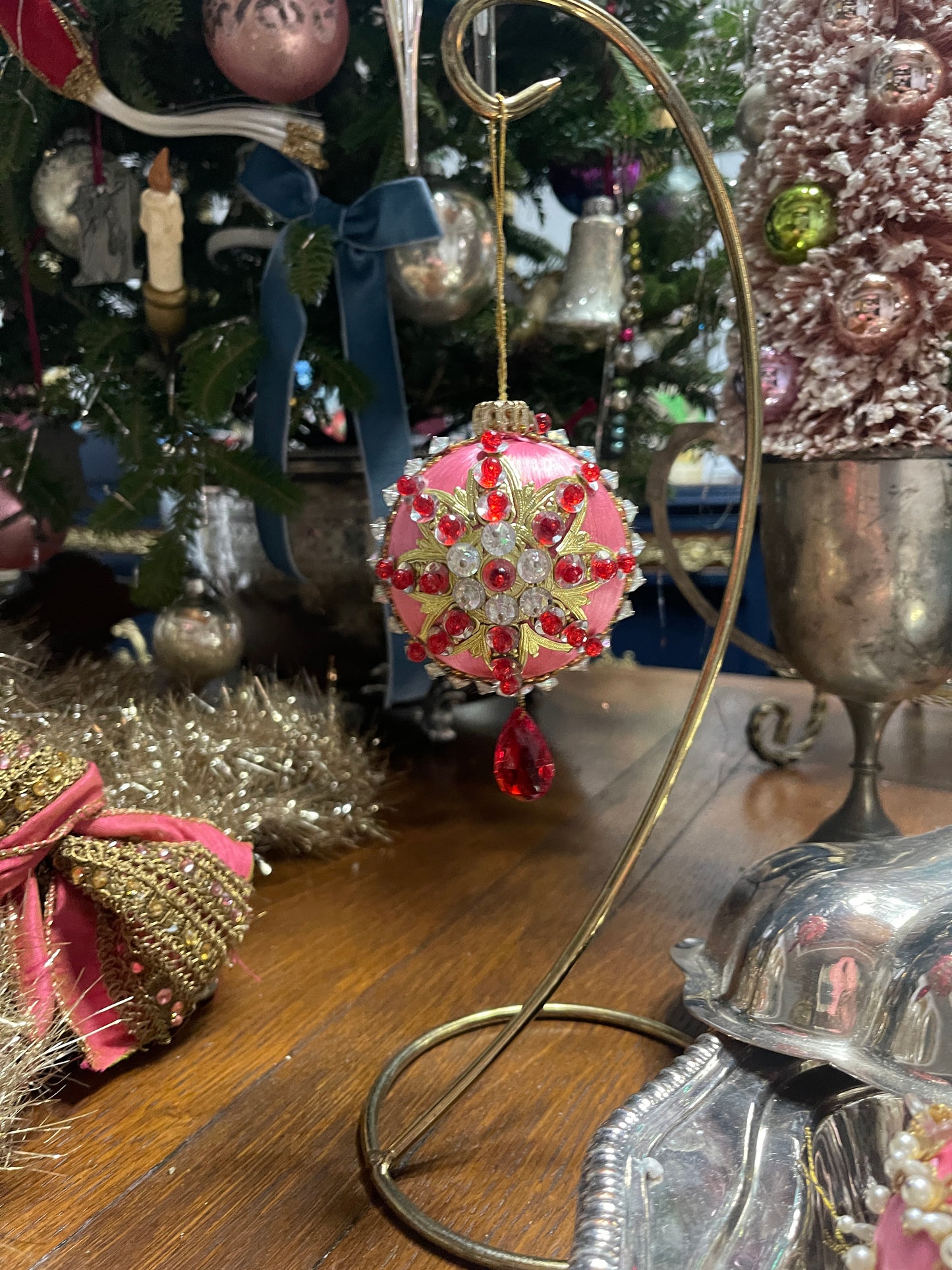 Vintage Pink, Red, and Gold Push Pin Christmas Ornament