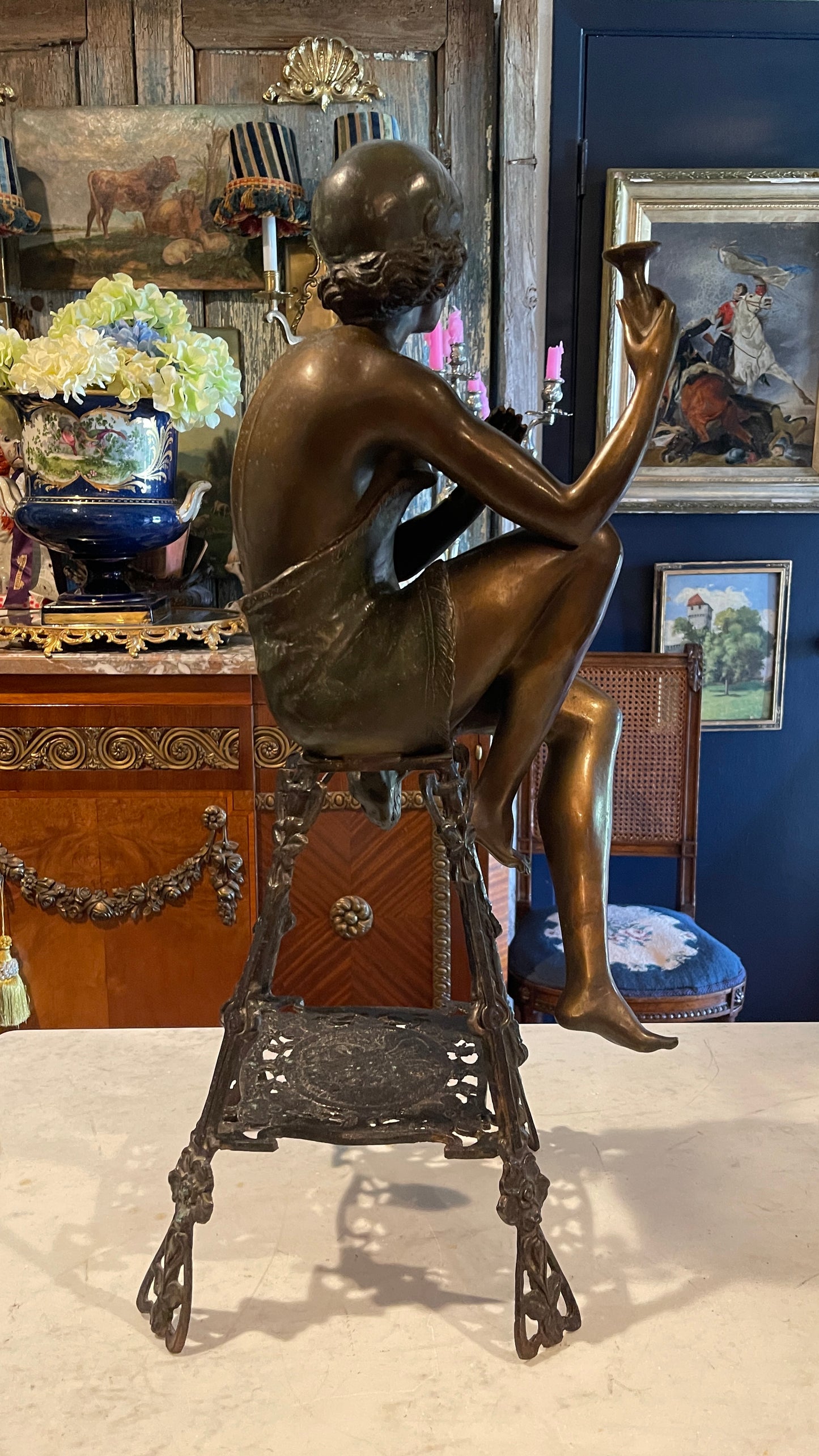 Monumental Bronze Parisienne Seated Art Deco Figural Sculpture with Champagne Coupe, Estate Sourced