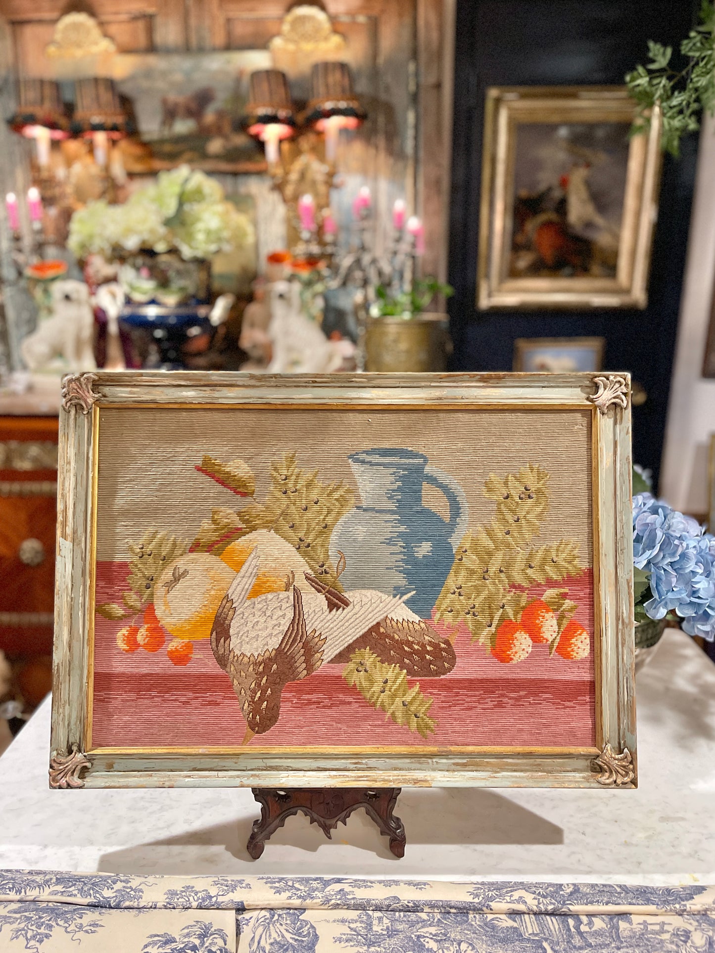ANTIQUE GAME BIRD NEEDLEPOINT & PETIT POINT IN CUSTOM-FINISHED WOOD FRAME, Country French