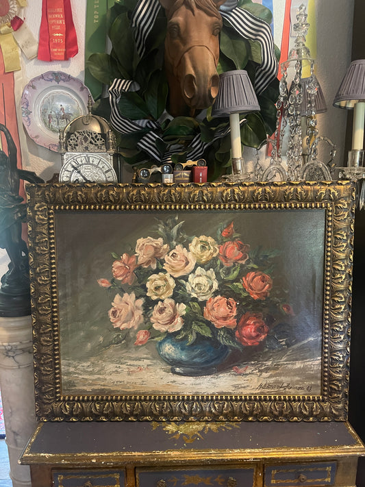 Vintage Floral Still Life, Vased Roses Oil Painting, Artist Signed and Dated