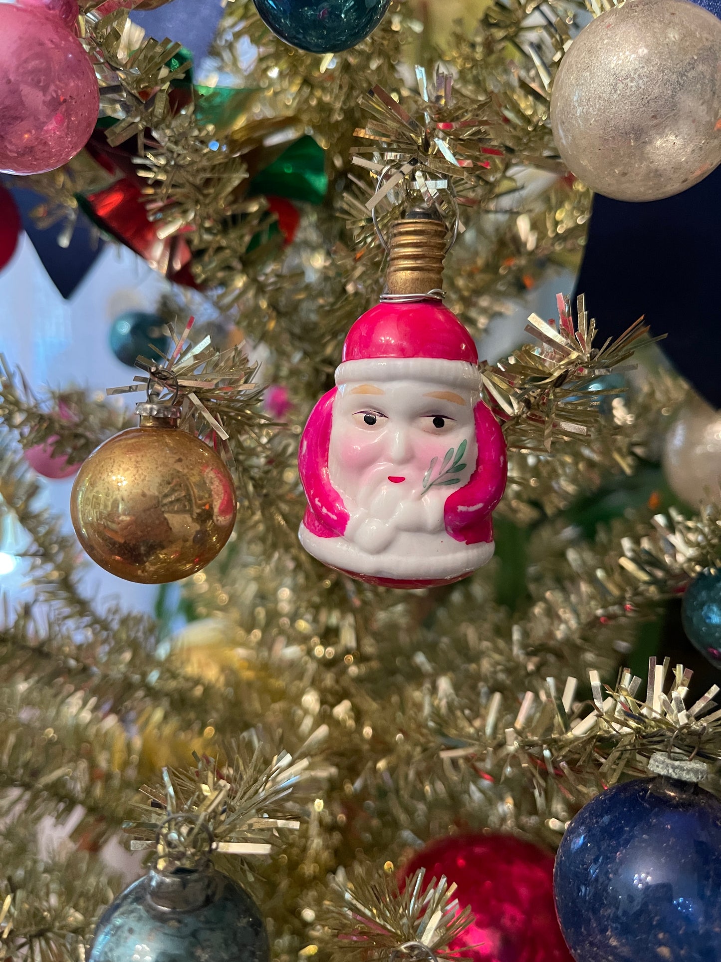 Pink Santa Milk Glass Figural Bulb, Vintage Holiday Estate Decor