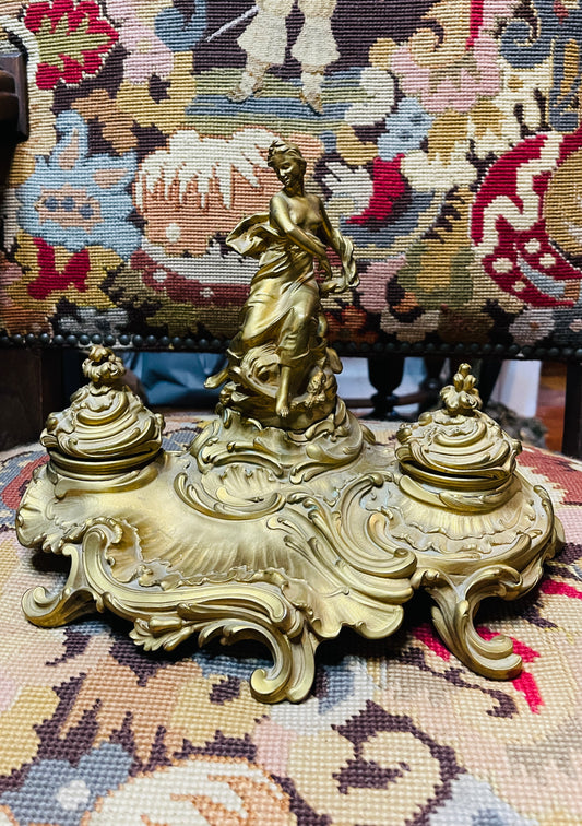 Antique French Gilt Bronze Figural Double Inkwell | Rococo Style