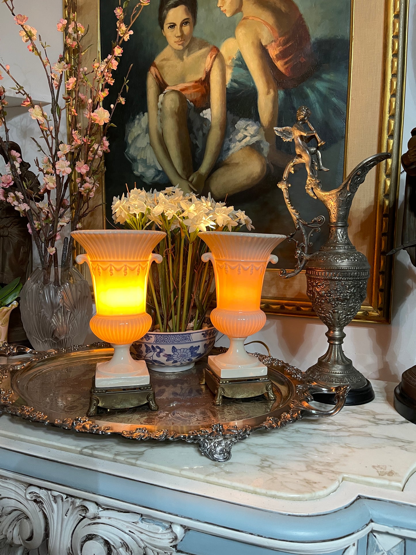 Vintage Neoclassical Urn Lamps on Brass Paw Feet | Fluted Porcelain Urn Form with Scrolled Handles