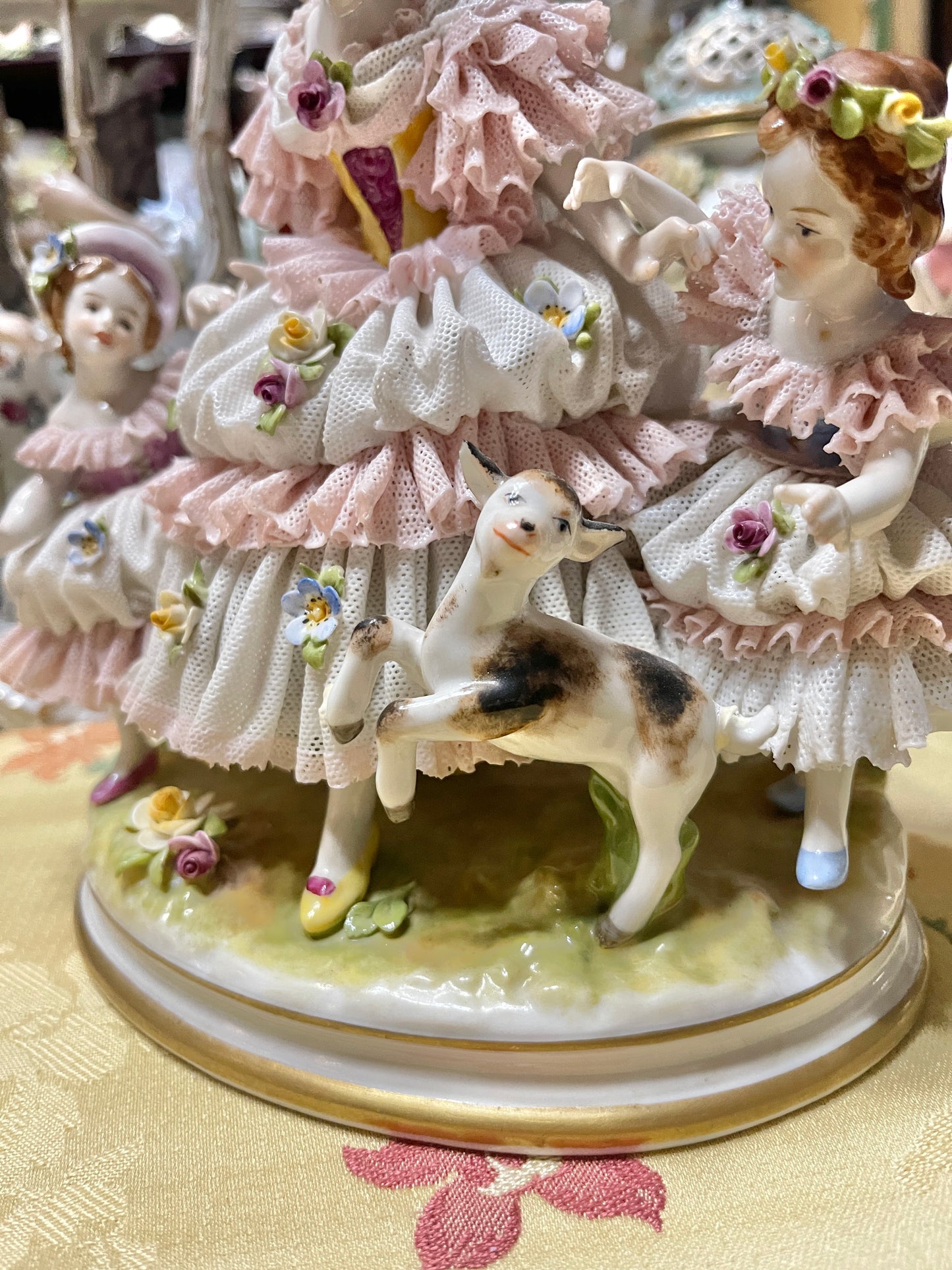 Antique Dresden Lace Porcelain Figurine Group | Mother & Daughters with Frolicking Goat | Pink & White Rococo Dress Scene