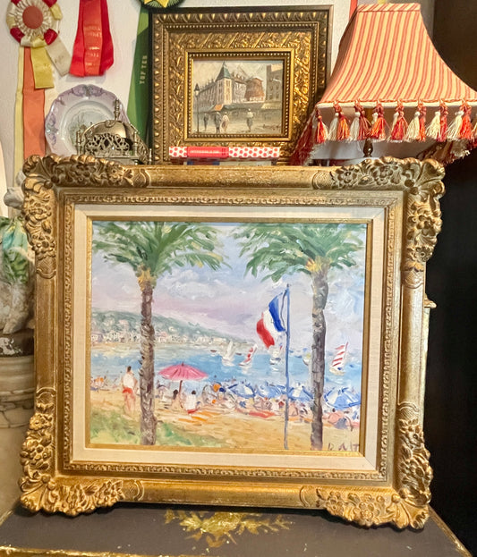 Colorful French Riviera Painting, Acrylic on Canvas, Ornately Carved Wood Frame
