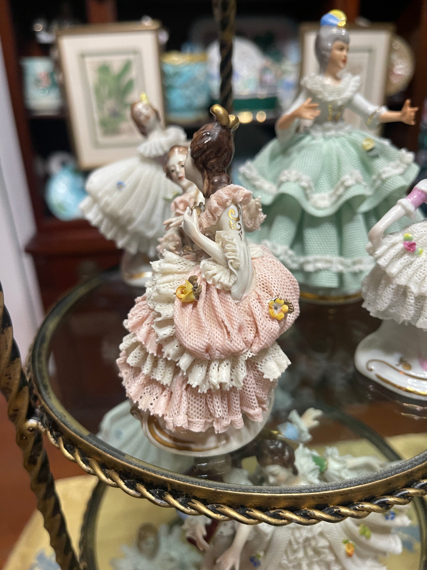Vintage German Porcelain Dresden-Style Courting Couple in Pink and White | Lace Detail |