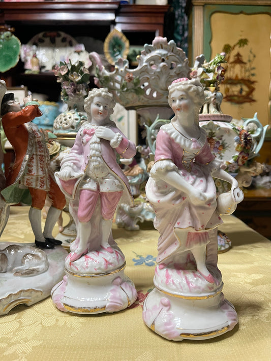 Vintage German Porcelain Figurines | Romantic Rococo Courting Couple in Pink | Estate Decor