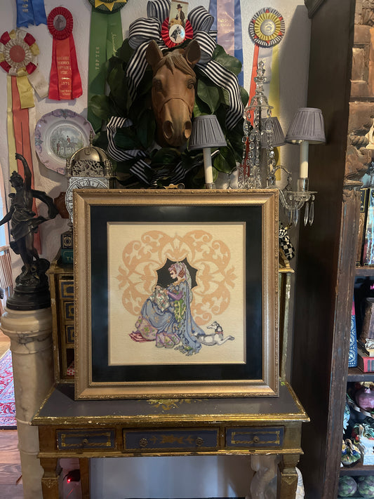 Victorian Needlepoint of a Renaissance Queen – Framed Antique Textile Portrait