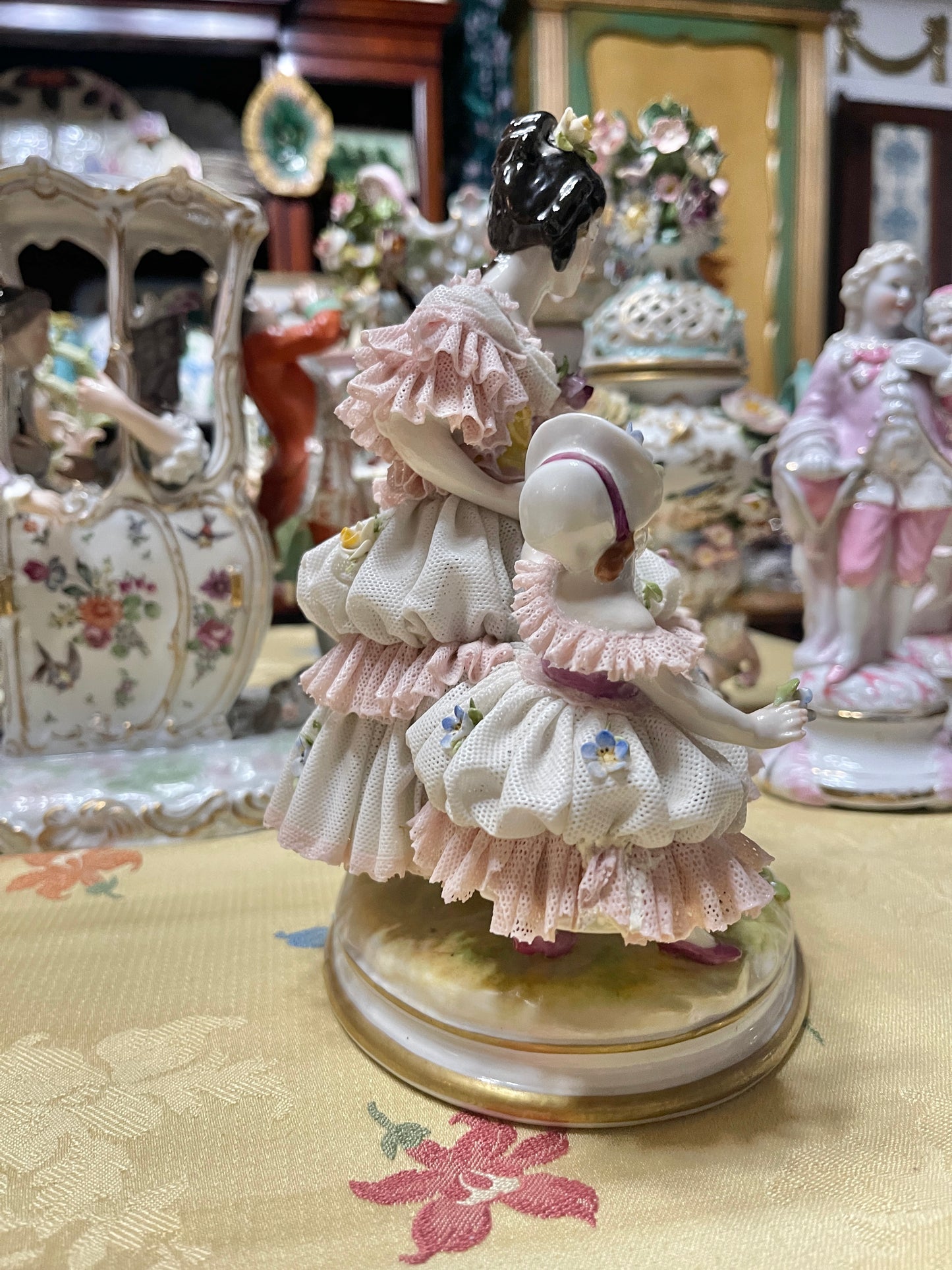 Antique Dresden Lace Porcelain Figurine Group | Mother & Daughters with Frolicking Goat | Pink & White Rococo Dress Scene