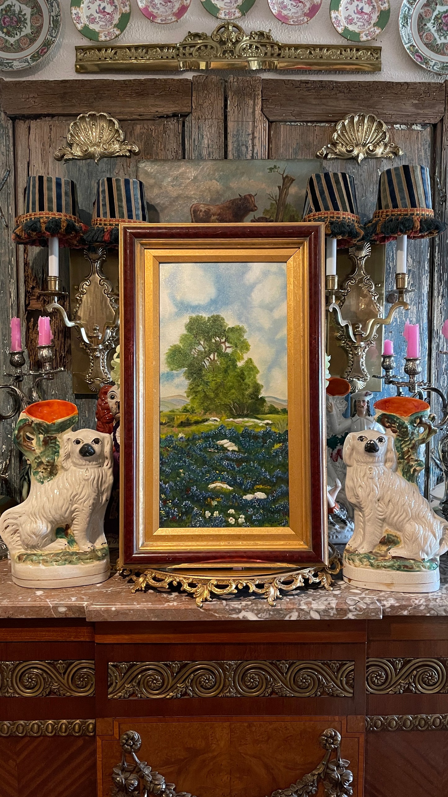 Vintage Texas Hill Country Bluebonnet Landscape Painting in Gilt & Oxblood Frame