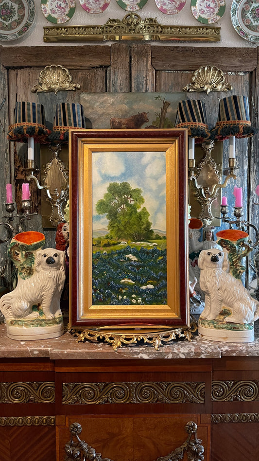 Vintage Texas Hill Country Bluebonnet Landscape Painting in Gilt & Oxblood Frame