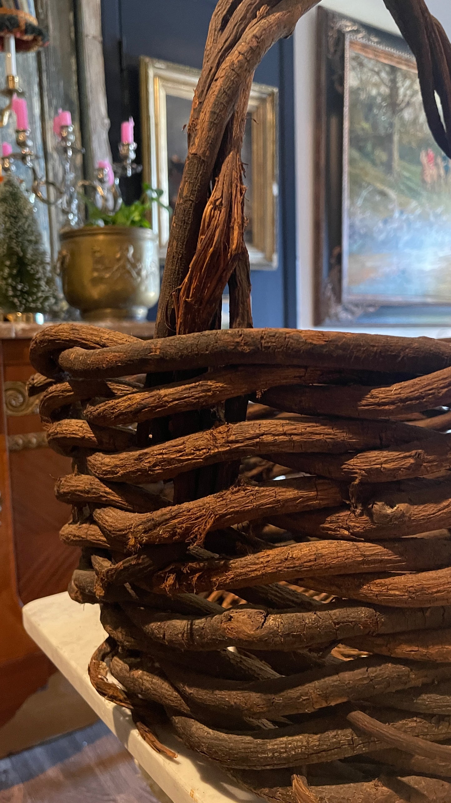 Large Vintage Hand-Woven Grapevine Gathering Basket | French Country Style