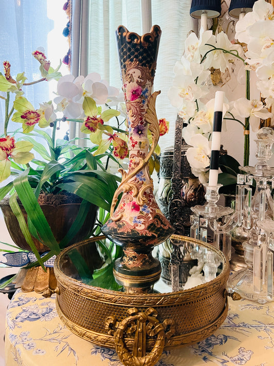 Antique French Hand-Painted Porcelain Vase with Gilt Accents & Rococo Flourishes