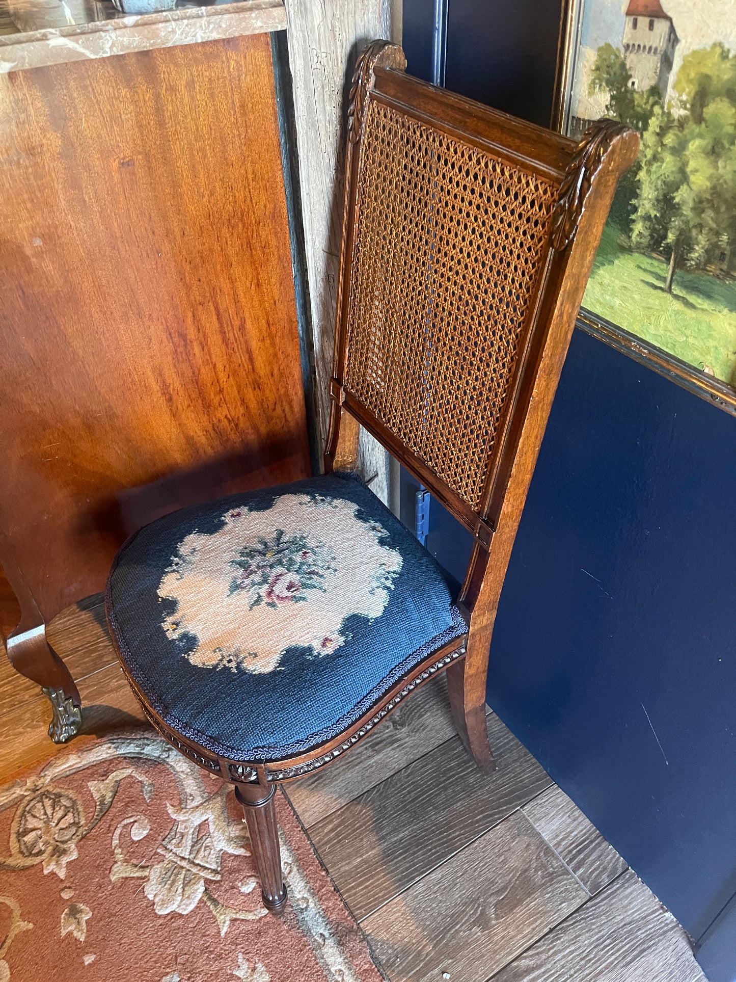 Antique French Needlepoint & Cane Chair — Louis XVI Style, Handcrafted Elegance - PICK UP ONLY