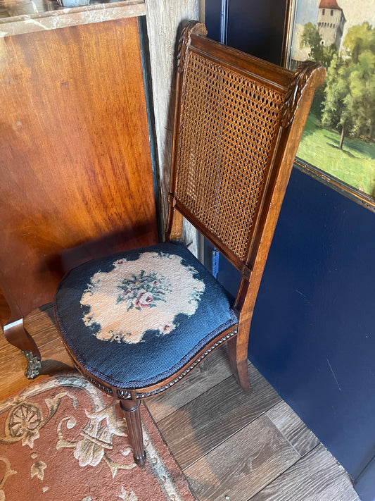 Antique French Needlepoint & Cane Chair — Louis XVI Style, Handcrafted Elegance - PICK UP ONLY