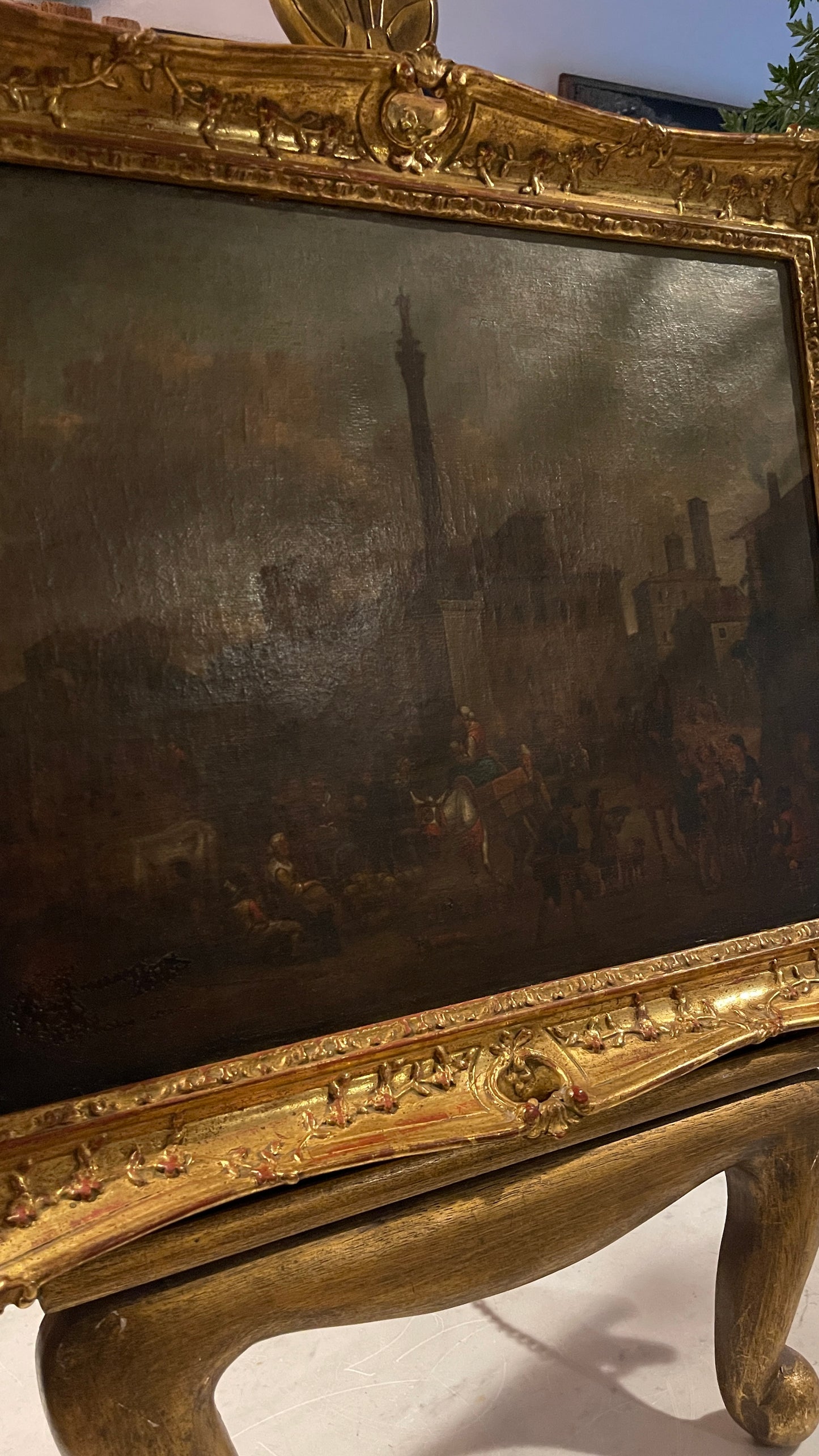 19th-Century European Oil Painting of Market Scene, Florence in an Exceptional Barbizon Frame