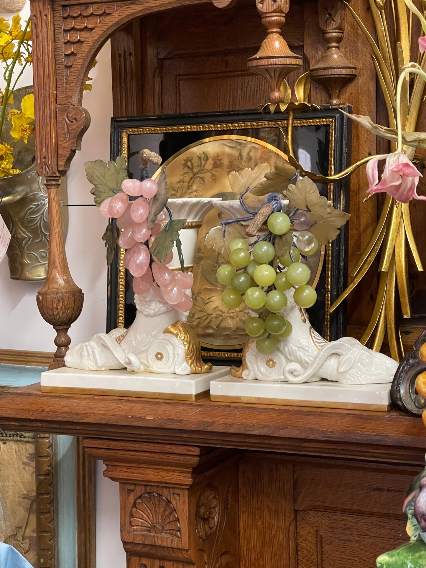 Pair of Italian Parcel  Porcelain Rhyton Vases with Ram’s Head and Classical Motif, Gold Accents