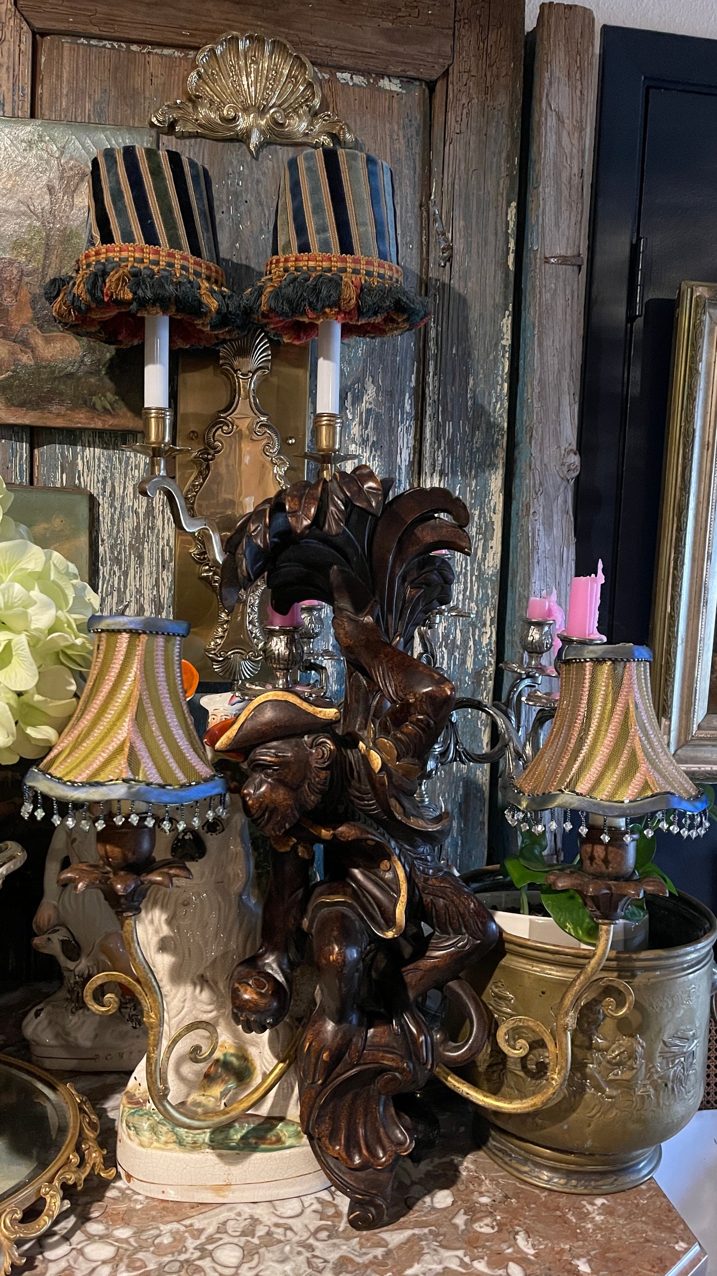 Pair of Vintage Carved Wood Monkey Sconces | Architectural Salvage Whimsical Lighting