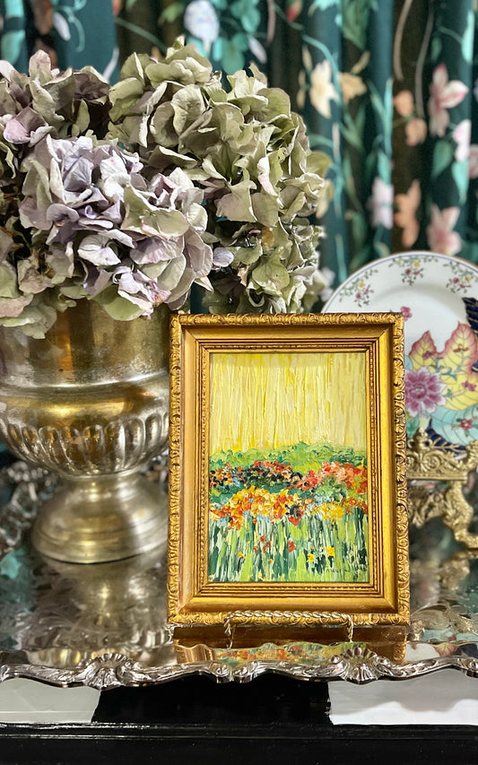 Vibrant Floral Abstract, Acrylic on Board, Gold Frame