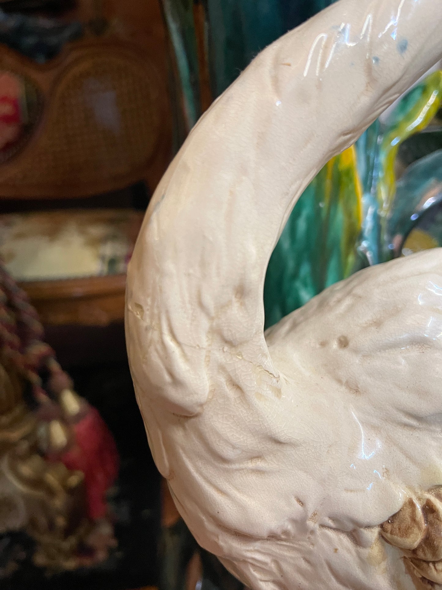 Monumental French Art Nouveau Majolica Jardinière on Heron Stand | Vallauris Style | Palm Beach Chic Coastal Garden Statement Piece