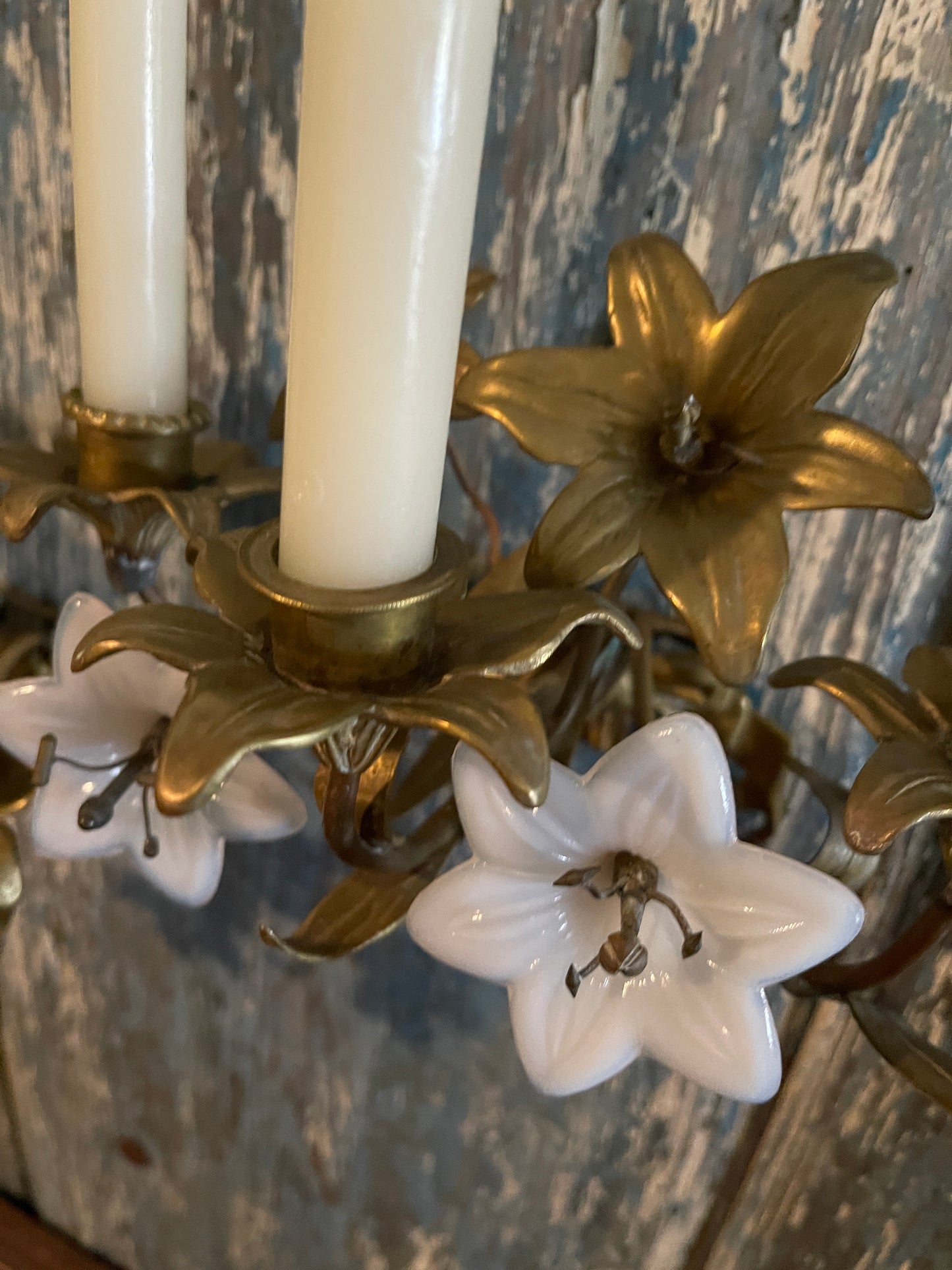 Antique French Church Gold Tole and Milk Glass Wall Sconces, Pair