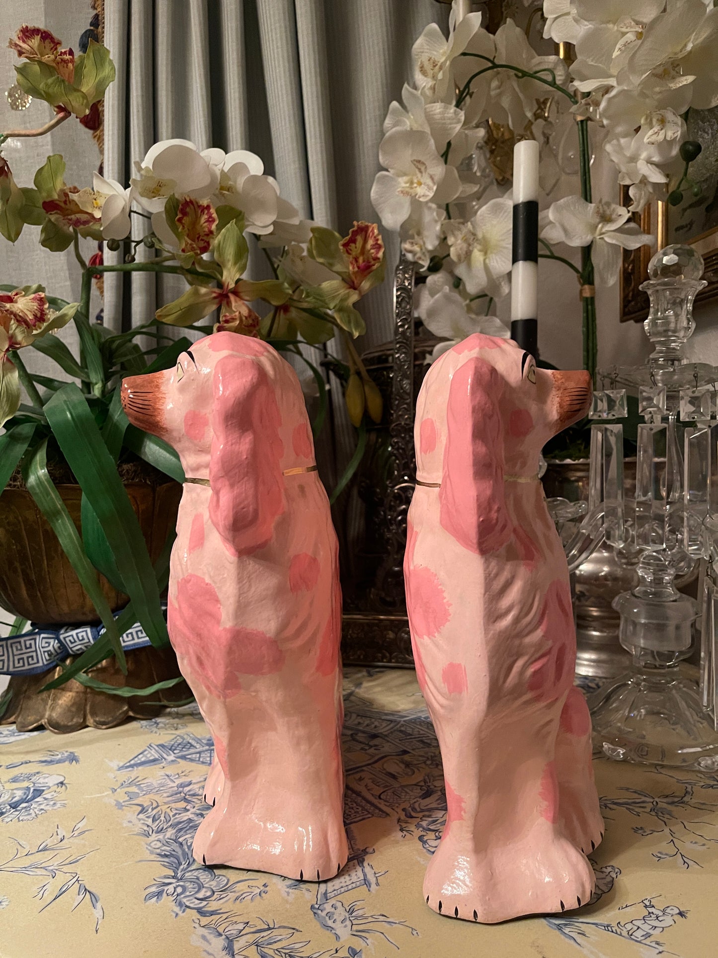 Whimsical Pink Papier-Mâché Staffordshire Dog Figurines – 13” Tall Pair